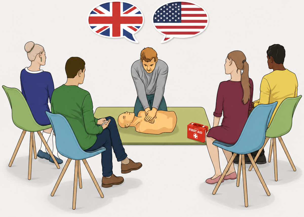 Participants in an English first aid course in Munich practise bandaging and first aid skills.