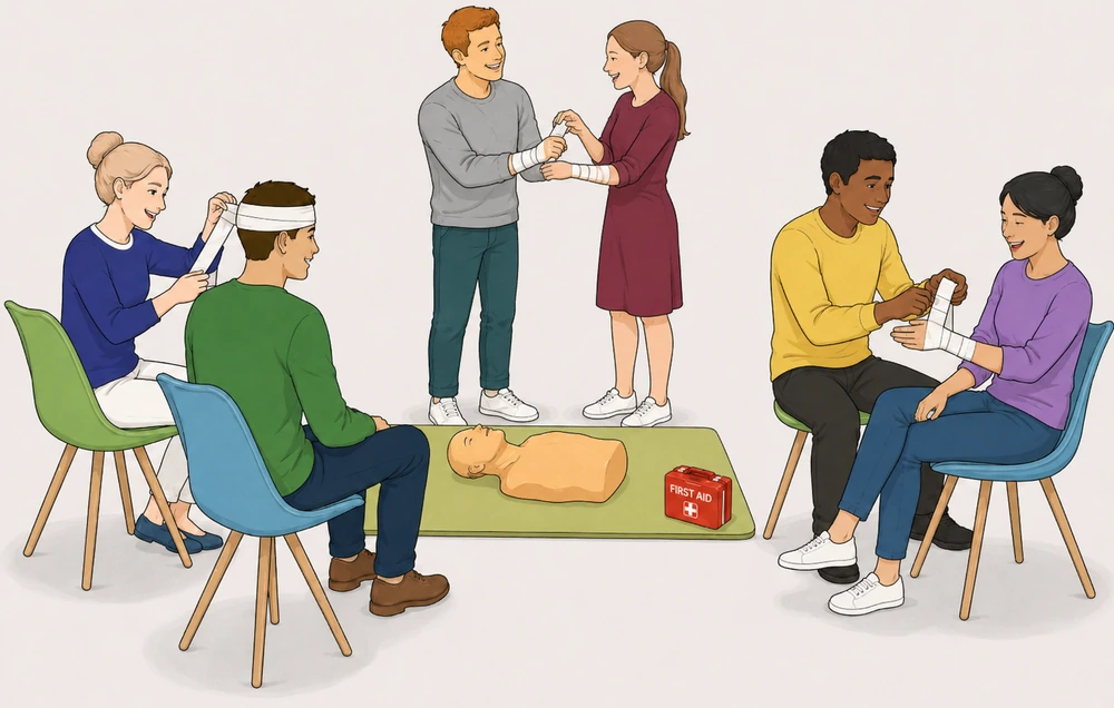English first aid course group around a CPR mannequin.